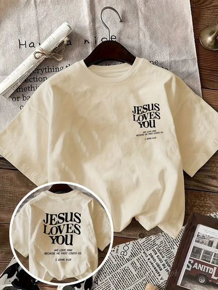 2026 New Women's Round Neck Letter Print Fashion Short Sleeve Casual T-Shirt, "Jesus Loves You" Round Neck Short Sleeve Tee