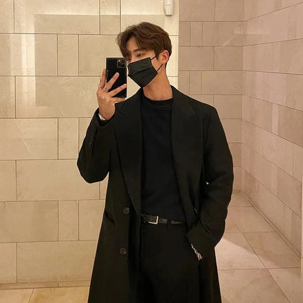 Men's Long Woolen Coat Winter Thickened Overcoat Double Breasted Casual Trendy Floor-Length Windbreaker Korean Style
