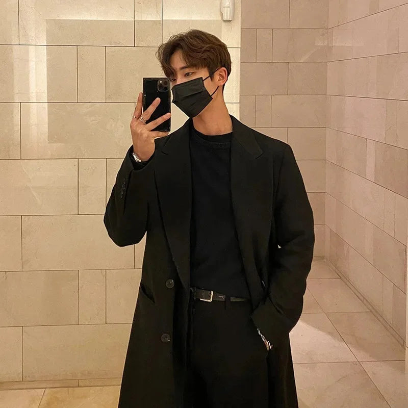 Men's Long Woolen Coat Winter Thickened Overcoat Double Breasted Casual Trendy Floor-Length Windbreaker Korean Style