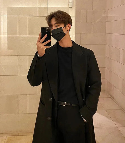 Men's Long Woolen Coat Winter Thickened Overcoat Double Breasted Casual Trendy Floor-Length Windbreaker Korean Style